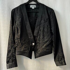 Vtg Adrianna Papell black silk tonal floral print single-button cropped jacket